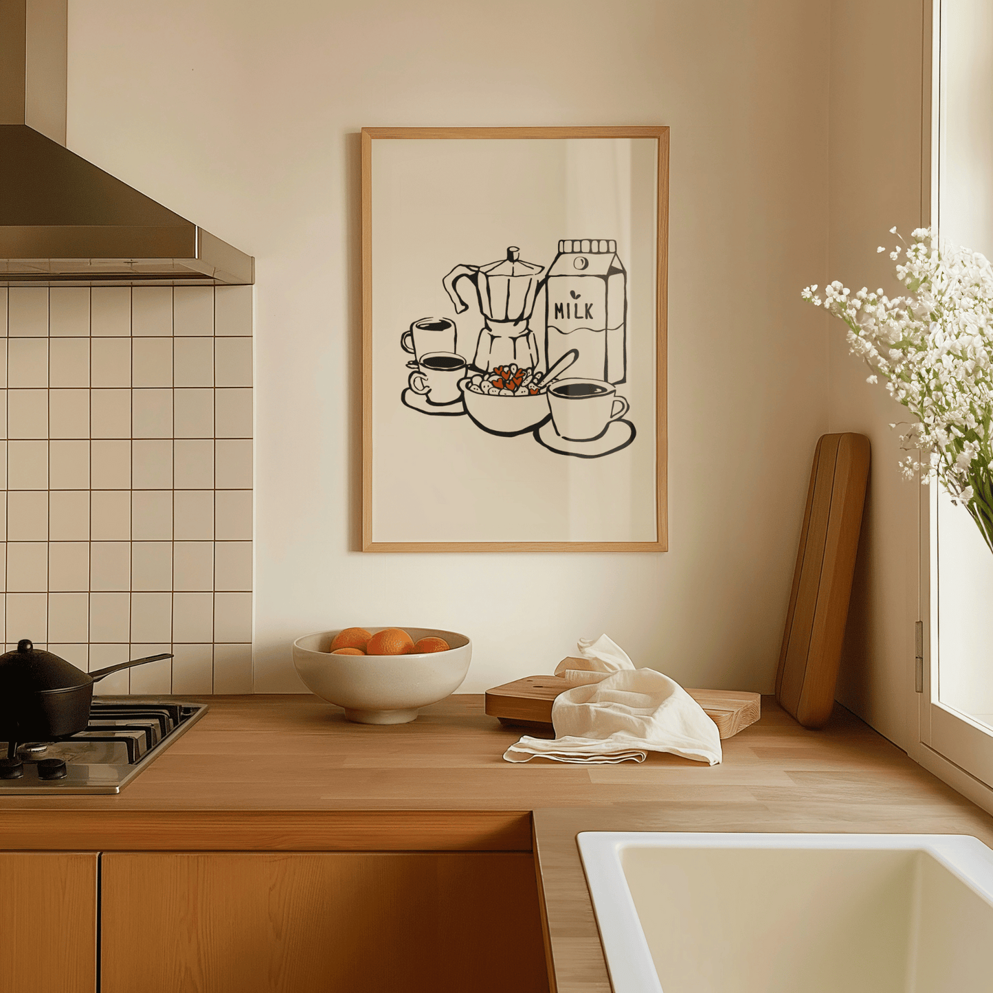 A stylish wall print featuring a breakfast-themed design, displayed in a modern kitchen. The artwork showcases playful illustrations related to breakfast foods, adding a cozy and inviting touch to the space.