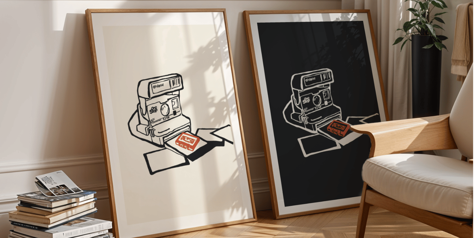 Two minimalist frames leaning against a wall, each featuring hand-drawn illustrations of Polaroid cameras. One frame has a black background, creating a striking contrast, while natural light streams in, highlighting the clean and modern aesthetic.