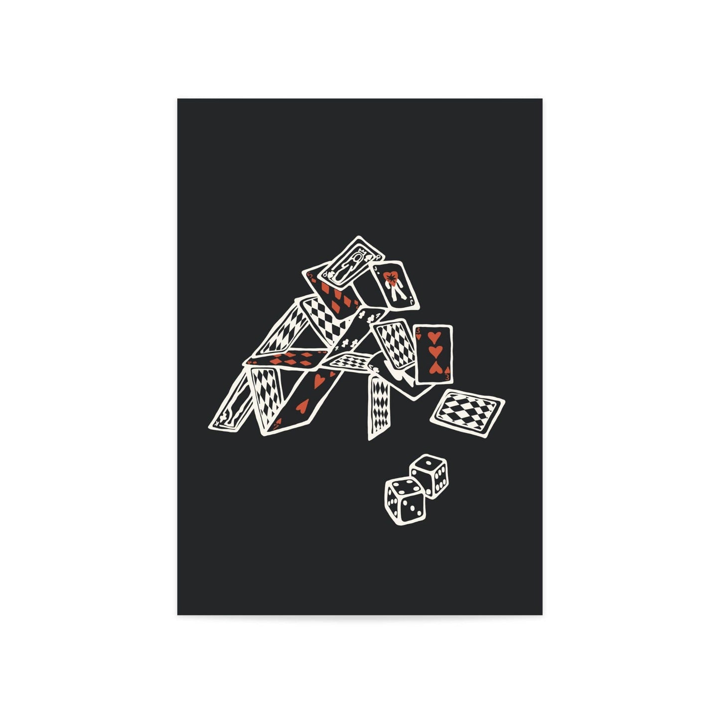 A modern wall print featuring a minimalist playing card design, displayed above a bed in a cozy bedroom. The artwork has a sleek, monochrome aesthetic with bold red and black card symbols, adding a stylish and contemporary touch to the room.