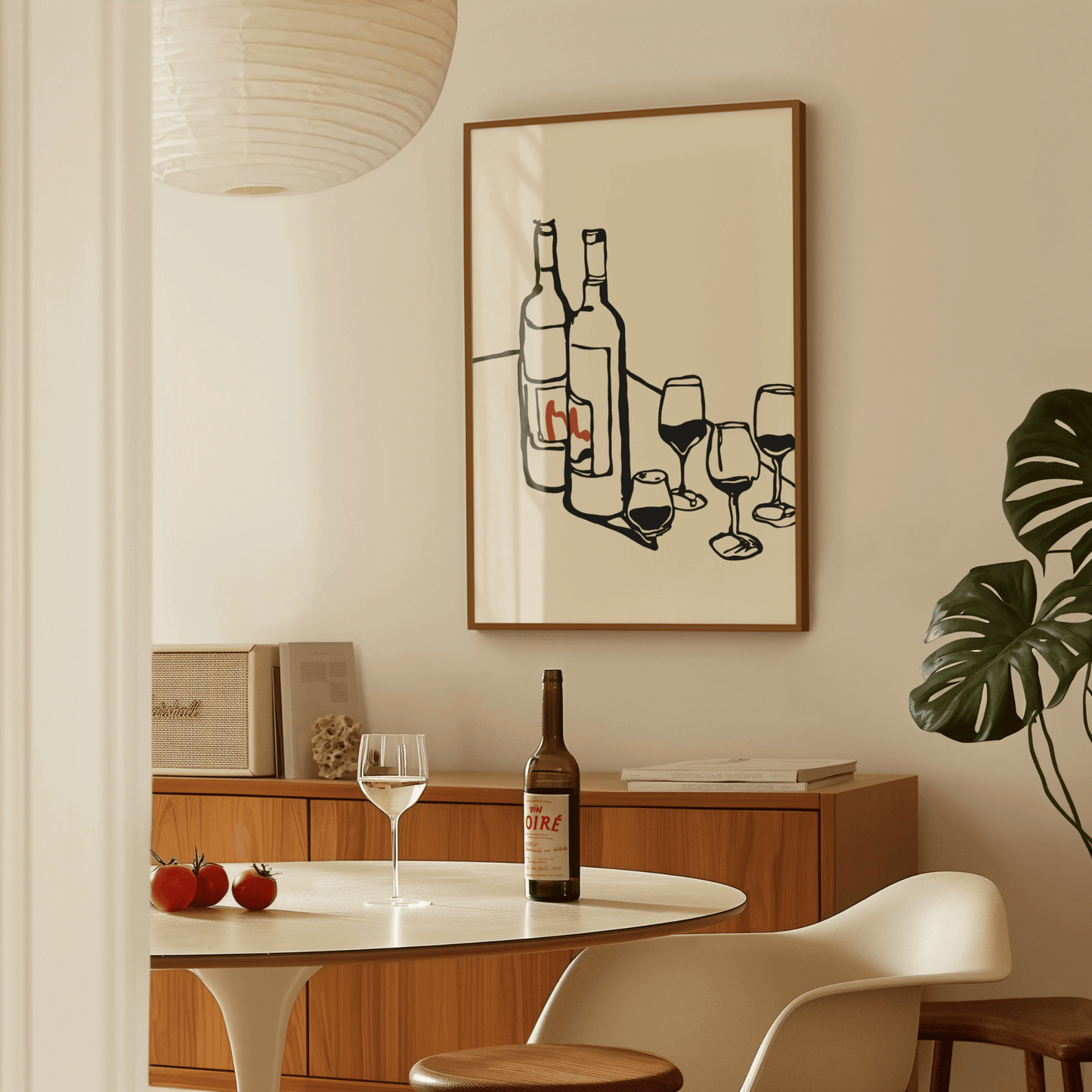 Elegant wine glass wall art print featuring a minimalist and modern design. Ideal for kitchen, dining room, or home bar decor, this artwork adds a sophisticated touch for wine enthusiasts.