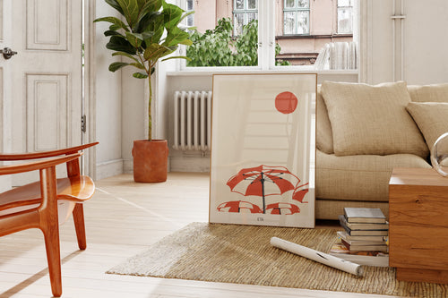 Living room with beige sofa, wooden coffee table, and decorative items.