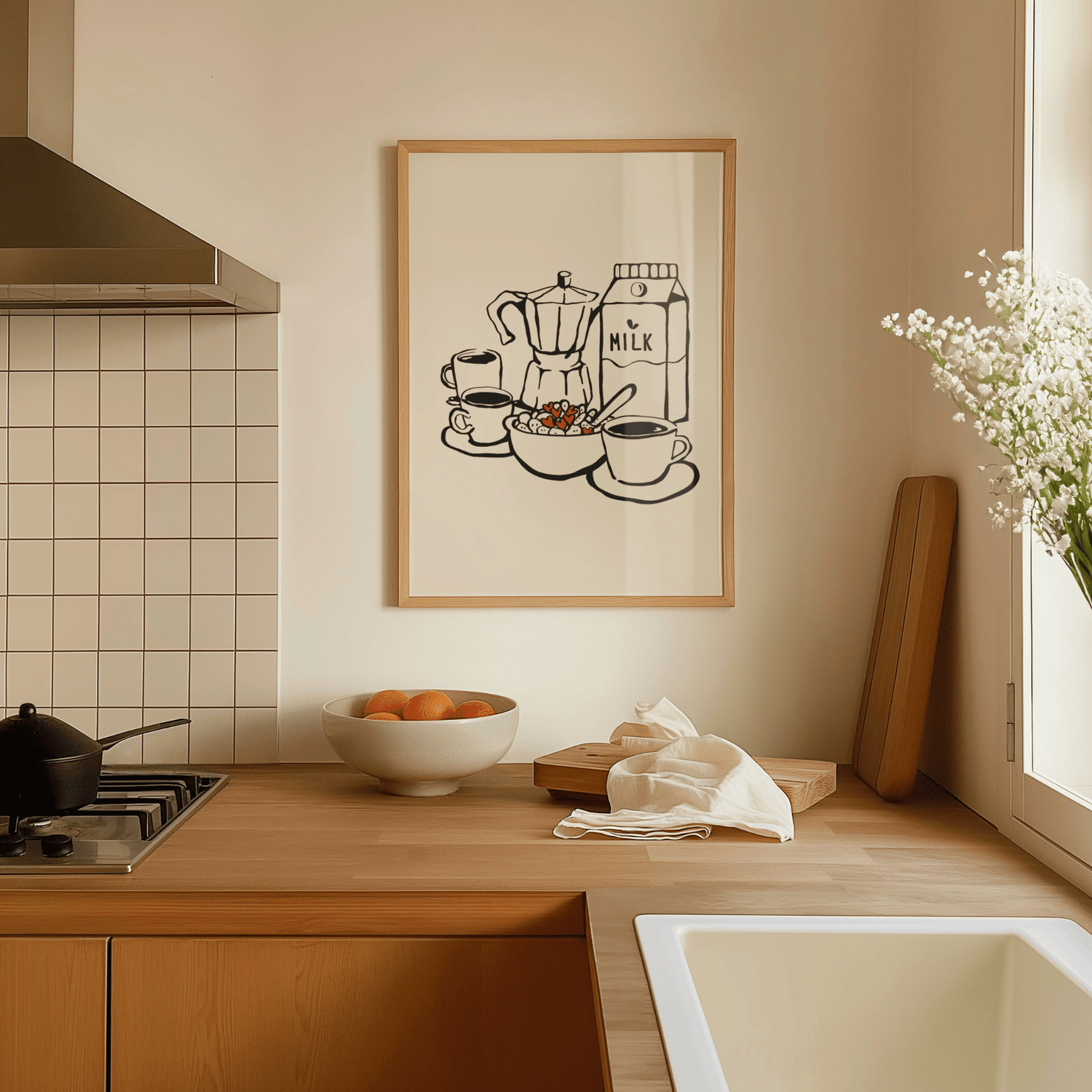  A stylish wall print featuring a breakfast-themed design, displayed in a modern kitchen. The artwork showcases playful illustrations related to breakfast foods, adding a cozy and inviting touch to the space.