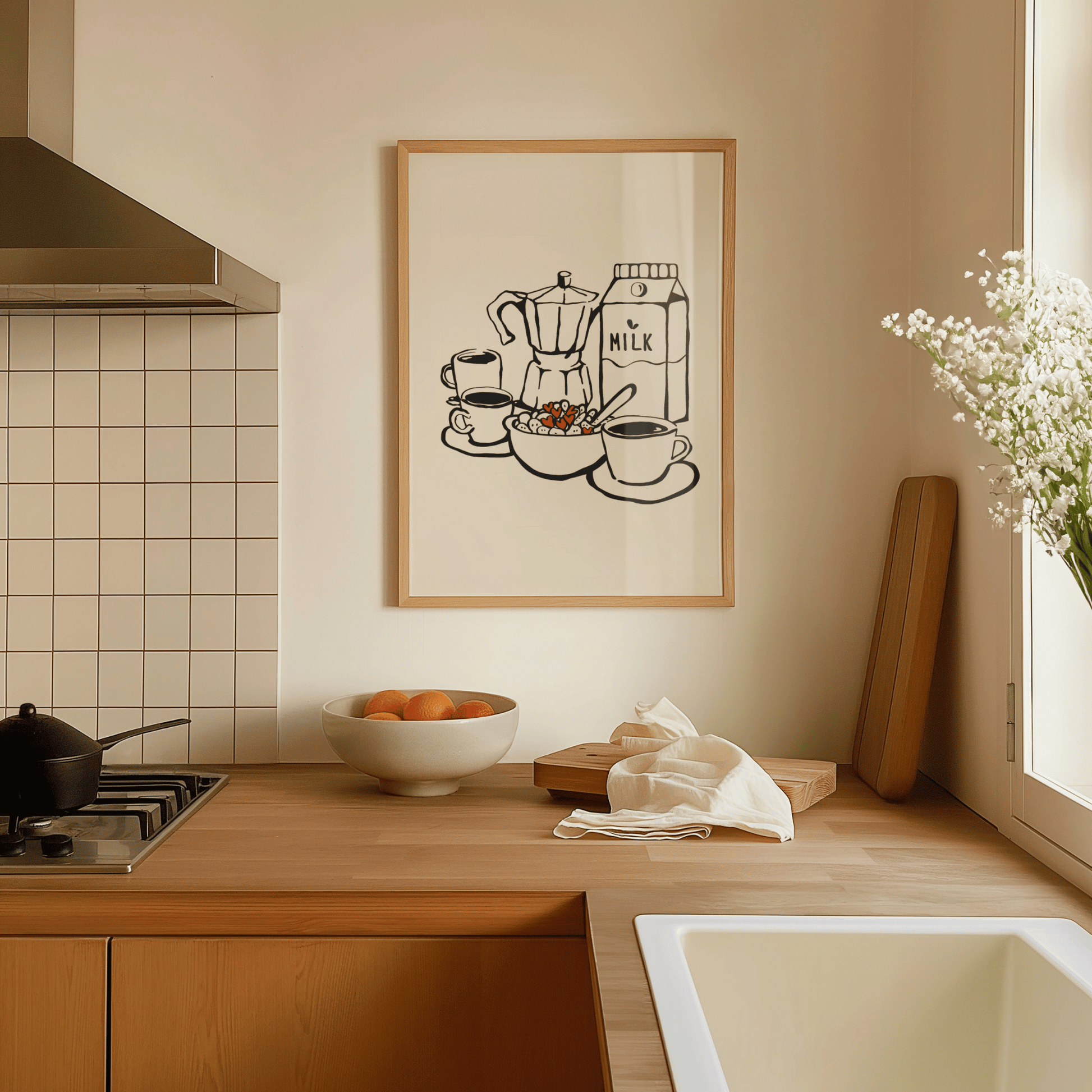  A stylish wall print featuring a breakfast-themed design, displayed in a modern kitchen. The artwork showcases playful illustrations related to breakfast foods, adding a cozy and inviting touch to the space.