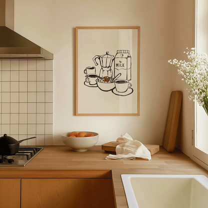  A stylish wall print featuring a breakfast-themed design, displayed in a modern kitchen. The artwork showcases playful illustrations related to breakfast foods, adding a cozy and inviting touch to the space.