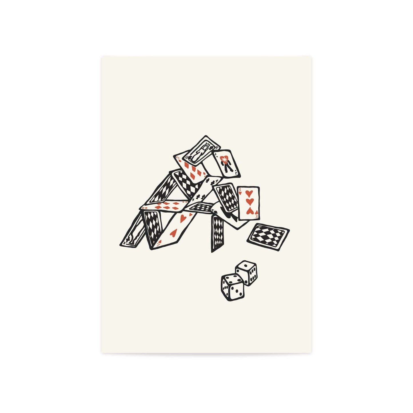  A modern wall print featuring a minimalist playing card design, on books within a modern office. The artwork has a sleek, monochrome aesthetic with bold red and black card symbols, adding a stylish and contemporary touch to the room.