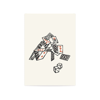  A modern wall print featuring a minimalist playing card design, on books within a modern office. The artwork has a sleek, monochrome aesthetic with bold red and black card symbols, adding a stylish and contemporary touch to the room.