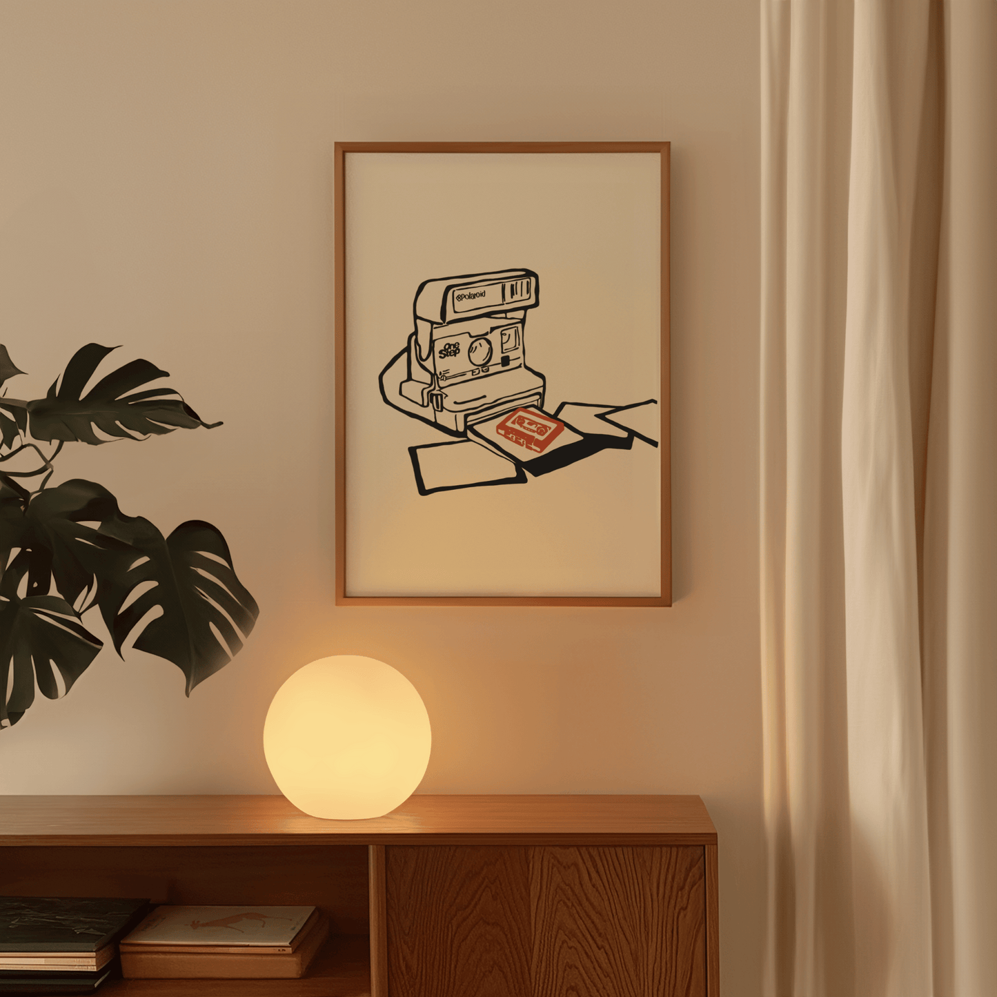 Stylish vintage Polaroid camera wall art print with a modern minimalist design. Perfect for photography lovers and retro decor enthusiasts, this artwork adds a nostalgic touch to your bedroom, living room or office