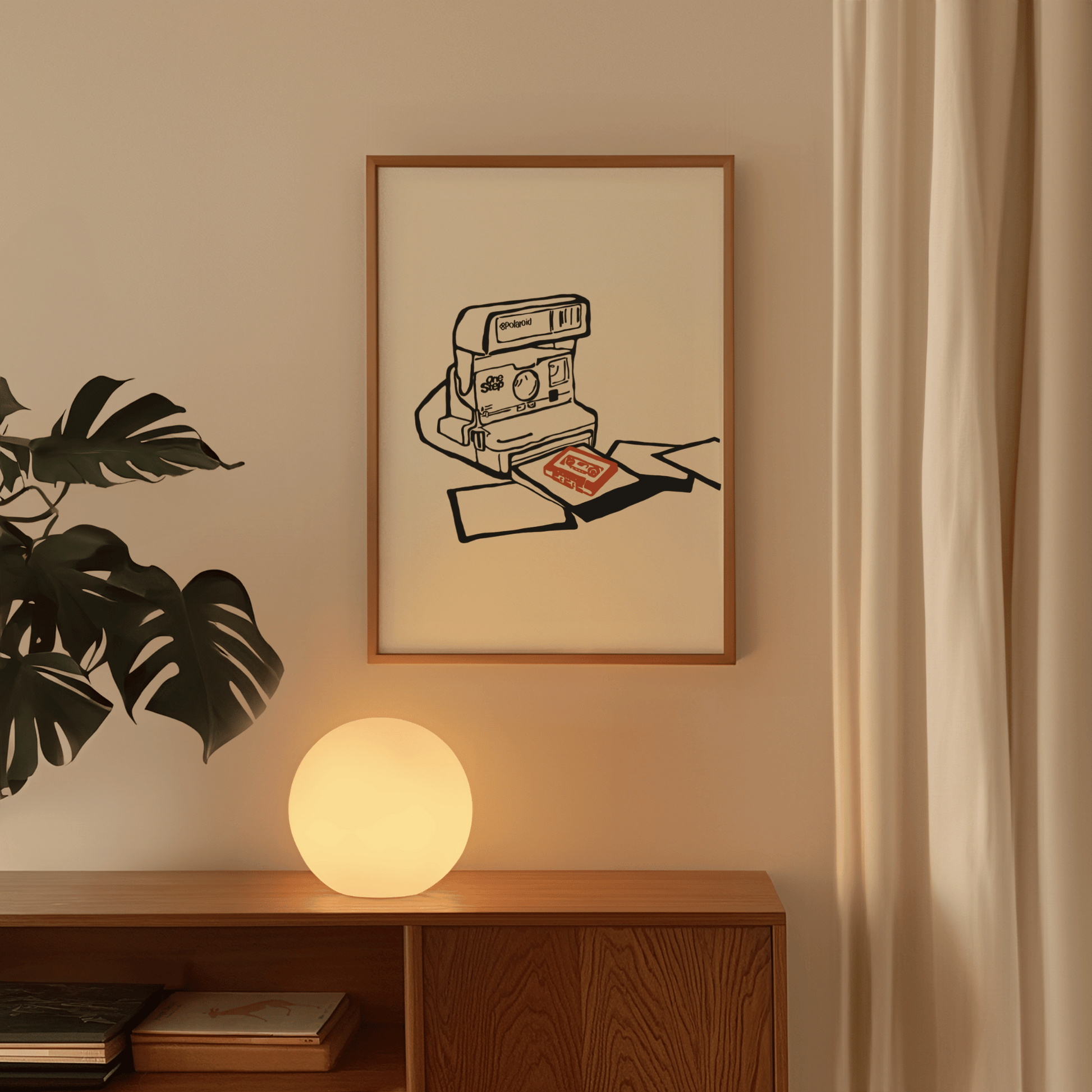 Stylish vintage Polaroid camera wall art print with a modern minimalist design. Perfect for photography lovers and retro decor enthusiasts, this artwork adds a nostalgic touch to your bedroom, living room or office