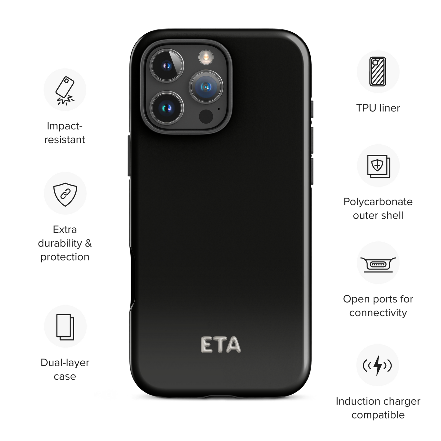 Black phone case with features listed on a white background