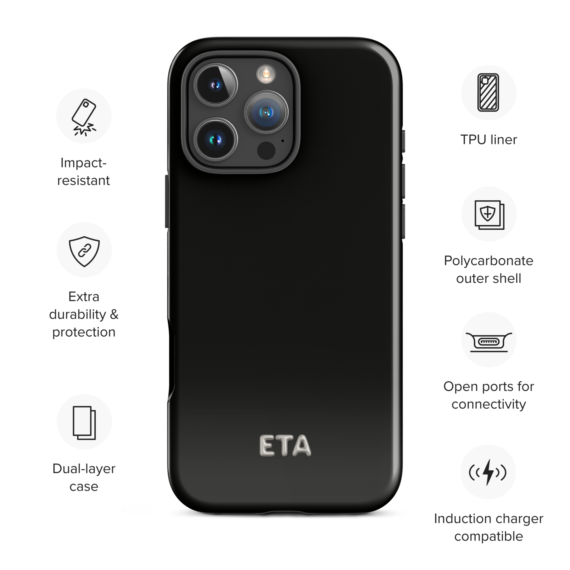 Black phone case with features listed on a white background