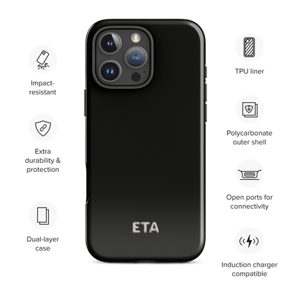 Black phone case with features listed on a white background