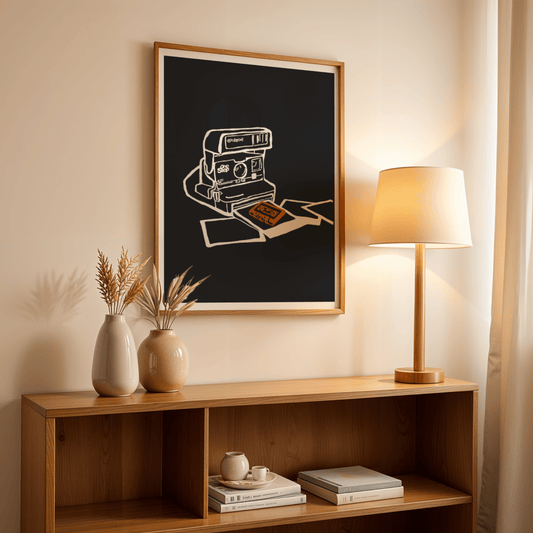 Stylish vintage Polaroid camera wall art print with a modern minimalist design. Perfect for photography lovers and retro decor enthusiasts, this artwork adds a nostalgic touch to your bedroom, living room or office